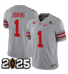 Men's Ohio State Buckeyes #1 Quinshon Judkins Grey 2025 CFP Final Patch F.U.S.E. Vapor Limited Stitched Football Jersey