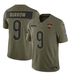 Men Cincinnati Bengals 9 Joe Burrow Olive 2025 Salute to Service Limited Stitched Football Jersey