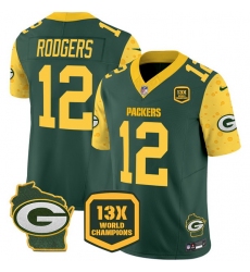 Men Green Bay Packers 12 Aaron Rodgers Cheese Green 2024 F U S E  13 Time World Champions And Home Patch Vapor Untouchable Limited Stitched Football Jersey