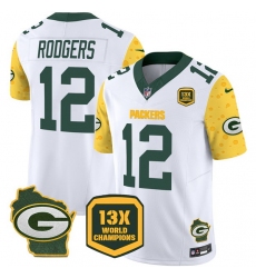 Men Green Bay Packers 12 Aaron Rodgers Cheese White 2024 F U S E  13 Time World Champions And Home Patch Vapor Untouchable Limited Stitched Football Jersey