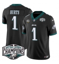 Men Philadelphia Eagles 1 Jalen Hurts Black 2024 NFC East Champions With 3 Star C Patch F U S E  Vapor Untouchable Limited Stitched Football Jersey