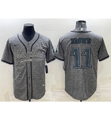 Men Philadelphia Eagles 11 A J  Brown Grey With Patch Cool Base Stitched Baseball Jersey