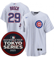 Men Chicago Cubs 29 Michael Busch White 2025 World Tour Tokyo Series Home Stitched Baseball Jersey