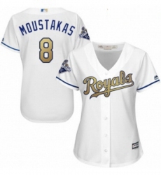 Womens Majestic Kansas City Royals 8 Mike Moustakas Authentic White 2015 World Series Champions Gold Program Cool Base MLB Jersey