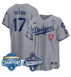 Men Los Angeles Dodgers 17 Shohei Ohtani Grey 2025 World Series Champions  26 Back to Back Champions With No 34 Patch Limited Stitched Baseball Jersey
