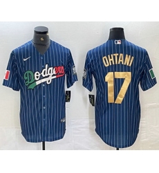 Men Los Angeles Dodgers 17 Shohei Ohtani Mexico Blue Gold Pinstripe Cool Base Stitched Jersey