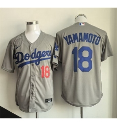 Men Los Angeles Dodgers 18 Yoshinobu Yamamoto Grey Cool Base Stitched Baseball Jersey