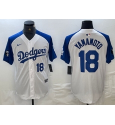 Men Los Angeles Dodgers 18 Yoshinobu Yamamoto White Blue Vin Patch Cool Base Stitched Baseball Jersey 7