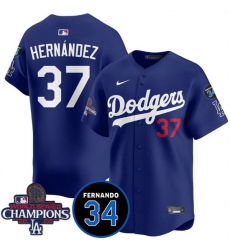 Men Los Angeles Dodgers 37 Teoscar Hernandez Royal 2024 World Series Champions With Fernando Memorial Patch Vapor Premier Limited Stitched Baseball Jersey