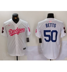 Men Los Angeles Dodgers 50 Mookie Betts White Pink Vin  26 Kobe Patch Stitched Baseball Jersey 5