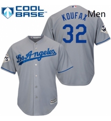 Mens Majestic Los Angeles Dodgers 32 Sandy Koufax Replica Grey Road 2017 World Series Bound Cool Base MLB Jersey