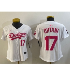 Women Los Angeles Dodgers 17 Shohei Ohtani White Pink Vin  26 Kobe Patch Limited Stitched Baseball Jersey