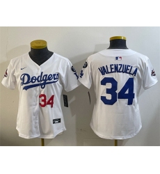 Women Los Angeles Dodgers 34 Toro Valenzuela White 2024 World Series Champions With Fernando Memorial Patch Home Limited Stitched Baseball Jersey 28Run Sma