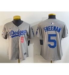 Women Los Angeles Dodgers 5 Freddie Freeman Grey 2024 World Series With Fernando Memorial Patch Limited Stitched Baseball Jersey 28Run Small 29