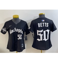 Women Los Angeles Dodgers 50 Mookie Betts Black 2025 World Series Champions LA Gothic Edition Limited Stitched Baseball Jersey 