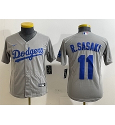 Youth Los Angeles Dodgers 11 Roki Sasaki Grey Cool Base Stitched Baseball Jersey 1