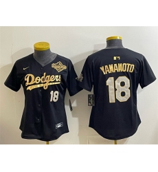 Youth Los Angeles Dodgers 18 Yoshinobu Yamamoto Black Gold 2025 World Series Patch Limited Stitched Baseball Jersey