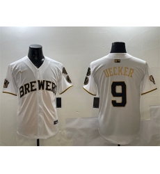 Men Milwaukee Brewers 9 Bob Uecker White Gold With Home Patch Limited Stitched Baseball Jersey