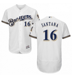 Mens Majestic Milwaukee Brewers 16 Domingo Santana Navy Blue Alternate Flex Base Authentic Collection MLB Jersey