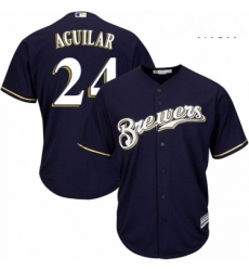 Mens Majestic Milwaukee Brewers 24 Jesus Aguilar Replica Navy Blue Alternate Cool Base MLB Jersey 