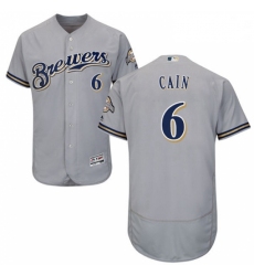 Mens Majestic Milwaukee Brewers 6 Lorenzo Cain Grey Road Flex Base Authentic Collection MLB Jersey