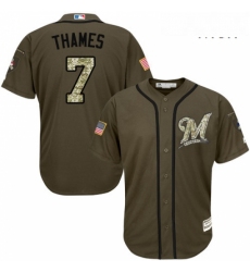 Mens Majestic Milwaukee Brewers 7 Eric Thames Replica Green Salute to Service MLB Jersey