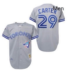 Mens Mitchell and Ness Toronto Blue Jays 29 Joe Carter Replica Grey Throwback MLB Jersey