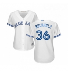 Womens Toronto Blue Jays 36 Clay Buchholz Replica White Home Baseball Jersey 