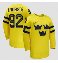 Men Sweden Hockey 92 Gabriel Landeskog Yellow 2026 Away Stitched Jersey