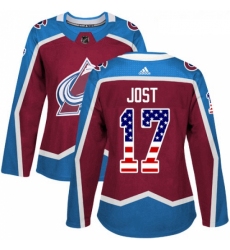 Womens Adidas Colorado Avalanche 17 Tyson Jost Authentic Burgundy Red USA Flag Fashion NHL Jersey 