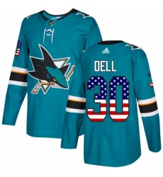 Youth Adidas San Jose Sharks 30 Aaron Dell Authentic Teal Green USA Flag Fashion NHL Jersey 