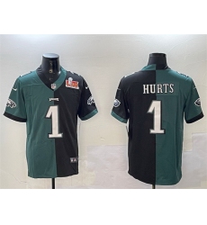 Men Philadelphia Eagles 1 Jalen Hurts Green  26 Black Split 2025 Super Bowl LIX Patch Vapor Untouchable Limited Stitched Football Jersey