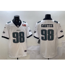 Men Philadelphia Eagles 98 Jalen Carter White 2025 Super Bowl LIX Patch New Vapor Untouchable Limited Stitched Football Jersey